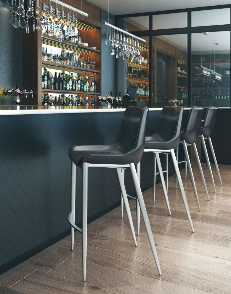 Bar Stool Chair Barstool, Set of 2, Faux Vinyl Leather, Steel, Black, Silver