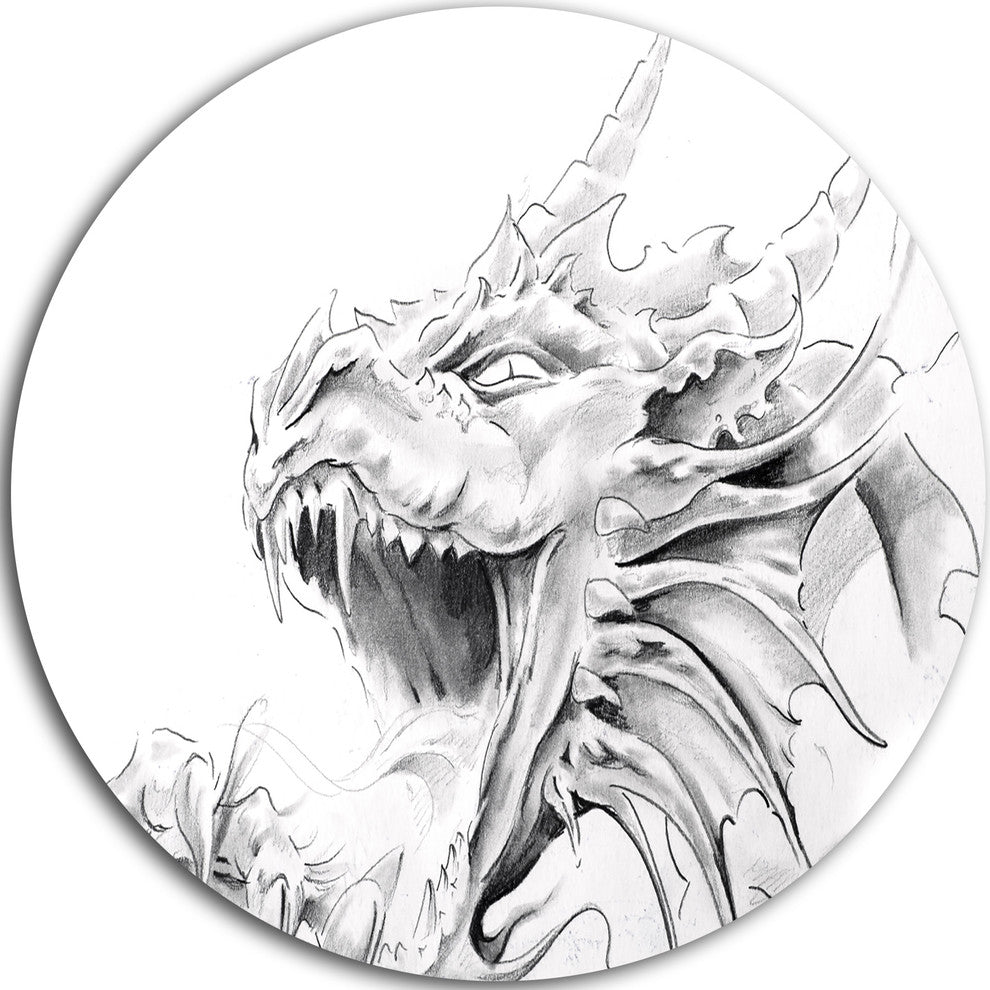 Dragon Tattoo Sketch, Digital Art Large Disc Metal Wall Art, 36"