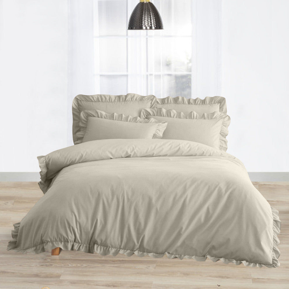Organic Cotton 300 TC GOTS Certified 8 Internal Ties Ruffled Duvet Set, Ivory, King(108"x92")