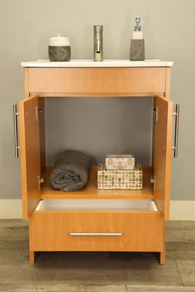 Pacific 24 Vanity With Ceramic Top and Brushed Nickel Handles, Honey Maple