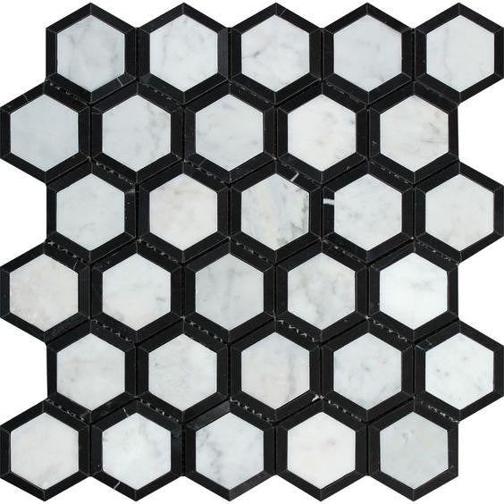 Carrara White Marble Honed 2" Vortex Hexagon Mosaic Tile w / Black Dots
