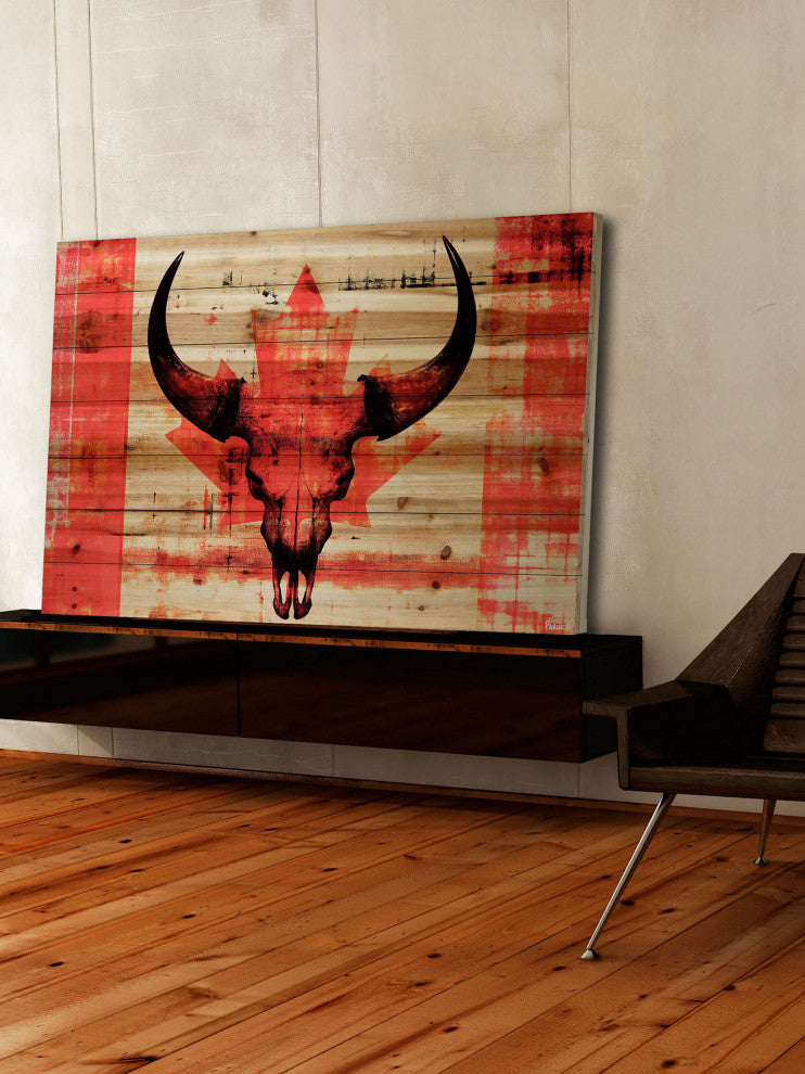 "Red Leaf Skull" Print on Natural Pine Wood, 60"x40"