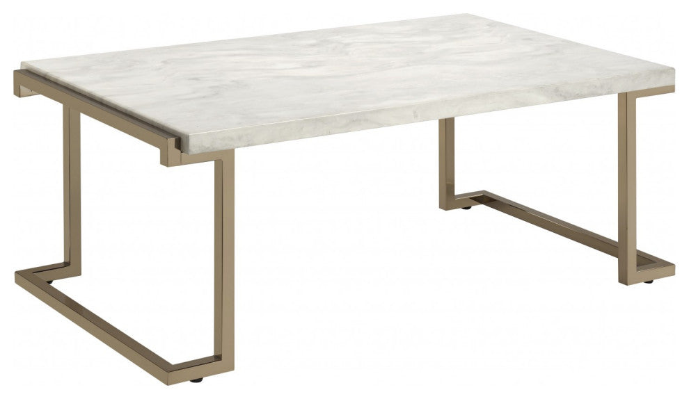 HomeRoots Rectangular Marble Top With Champagne Metal Base Cofee Table