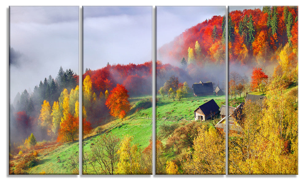 Colorful Autumn Landscape in Mountains, Landscape Canvas Art, 48"x28", 4 Panels