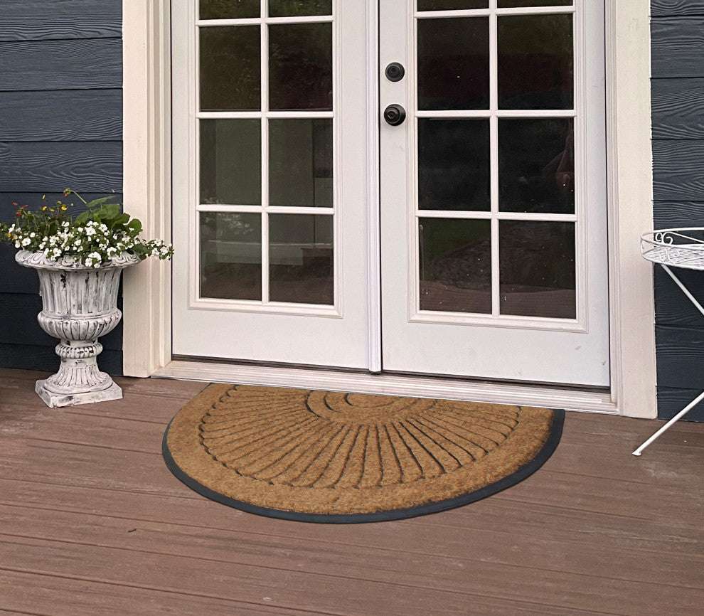 Sunburst Half Moon Mat, Tapered Edge, Black, Rubber and Coir, 24"x36"