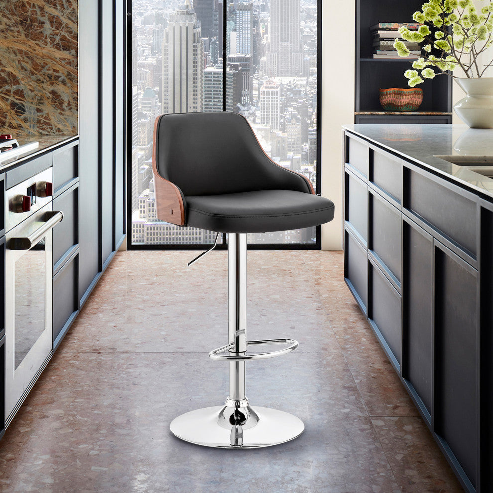 Asher Adjustable Faux Leather and Metal Bar Stool, Black and Chrome
