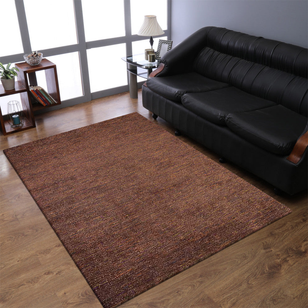Hand Knotted Loom Silk Area Rug Solid Brown Gold