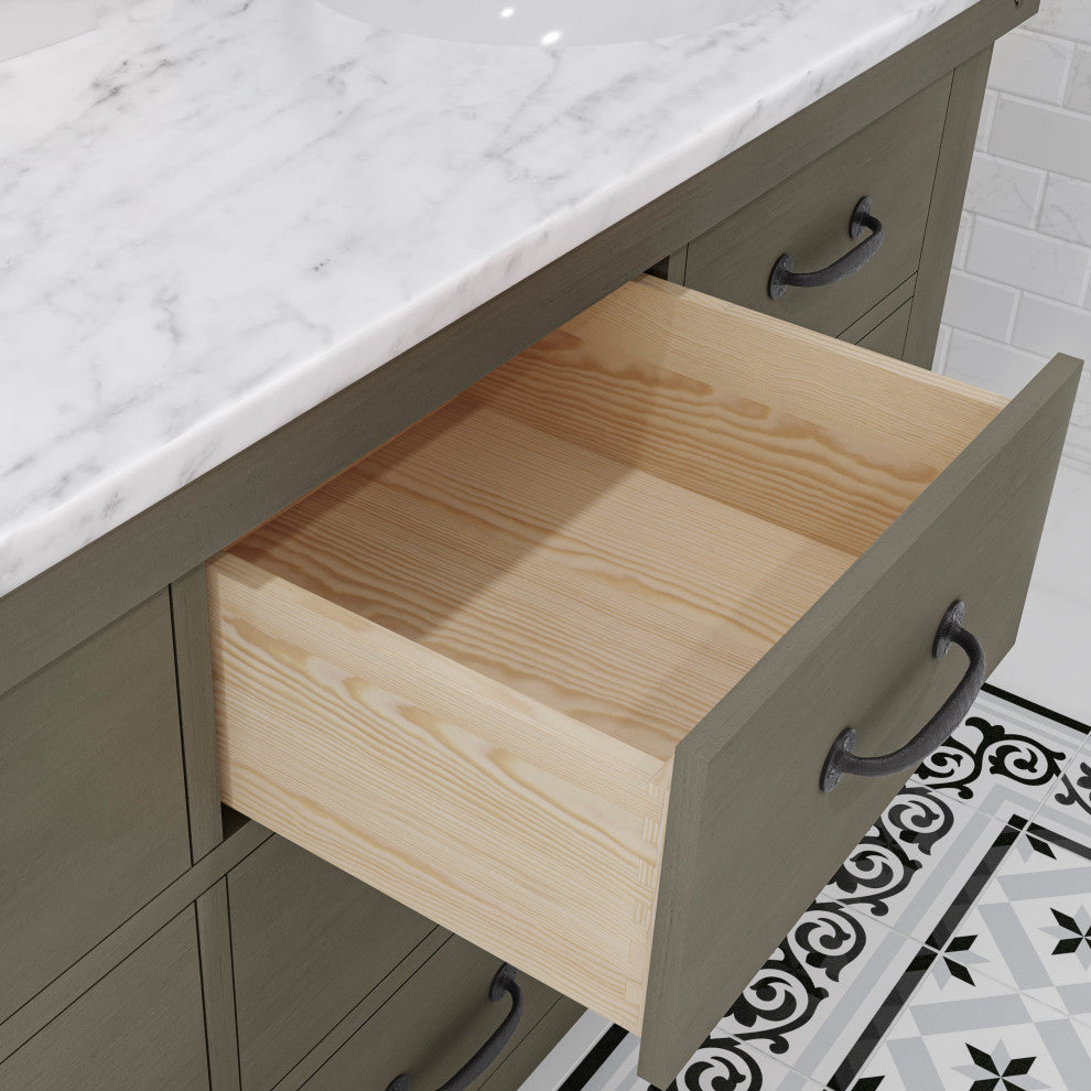 60" Grizzle Gray Double Sink Vanity With Carrara White Marble Counter Top, Mirro