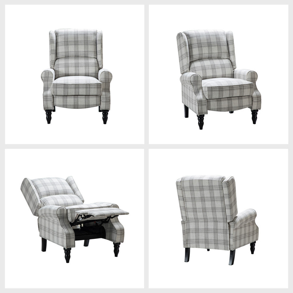 Modern Push-Back Plaid Recliner with Rolled Armrest, Plaid Gray