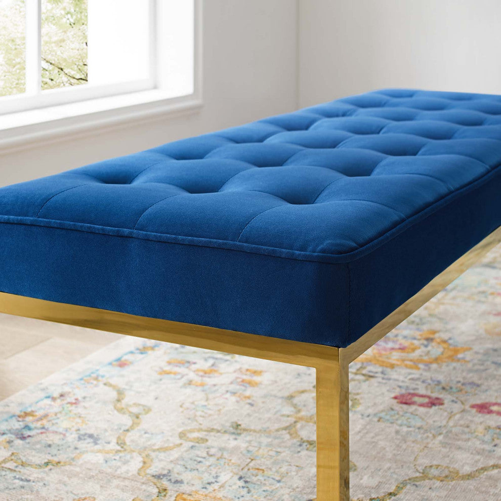 Loft Gold Stainless Steel Leg Large Performance Velvet Bench Gold Navy