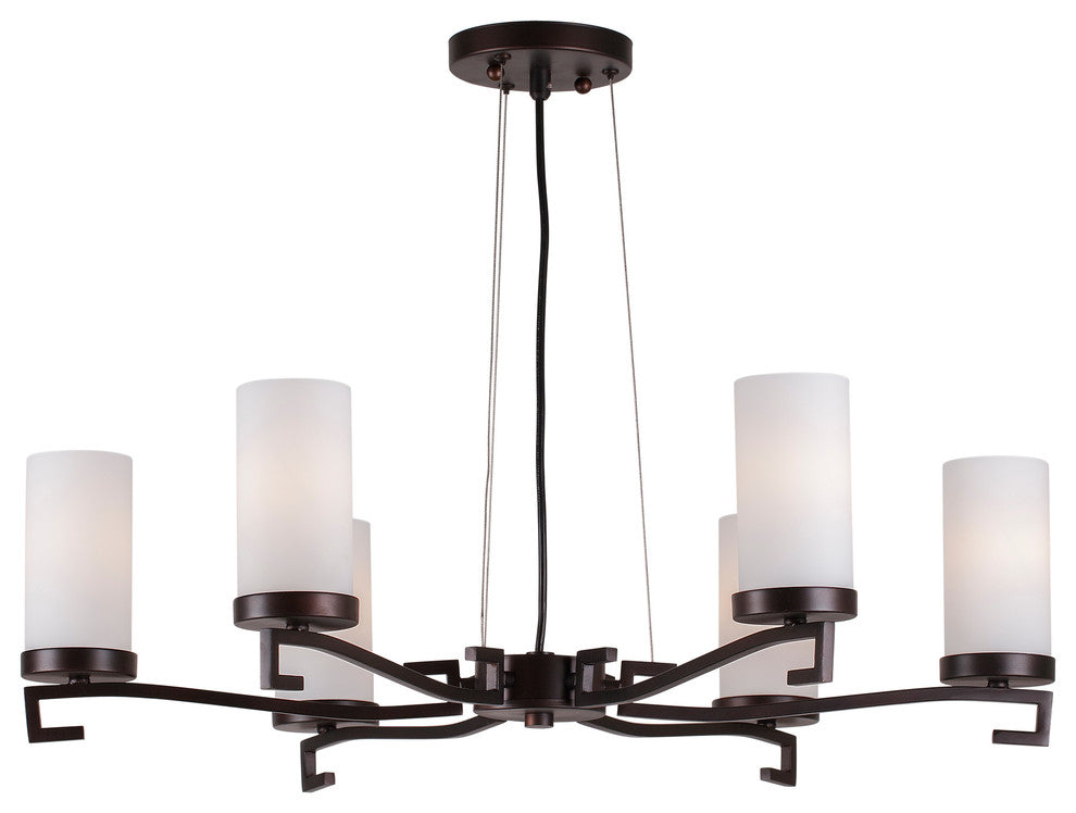 6 Light Chandelier, Antique Bronze, Satin Opal Glass