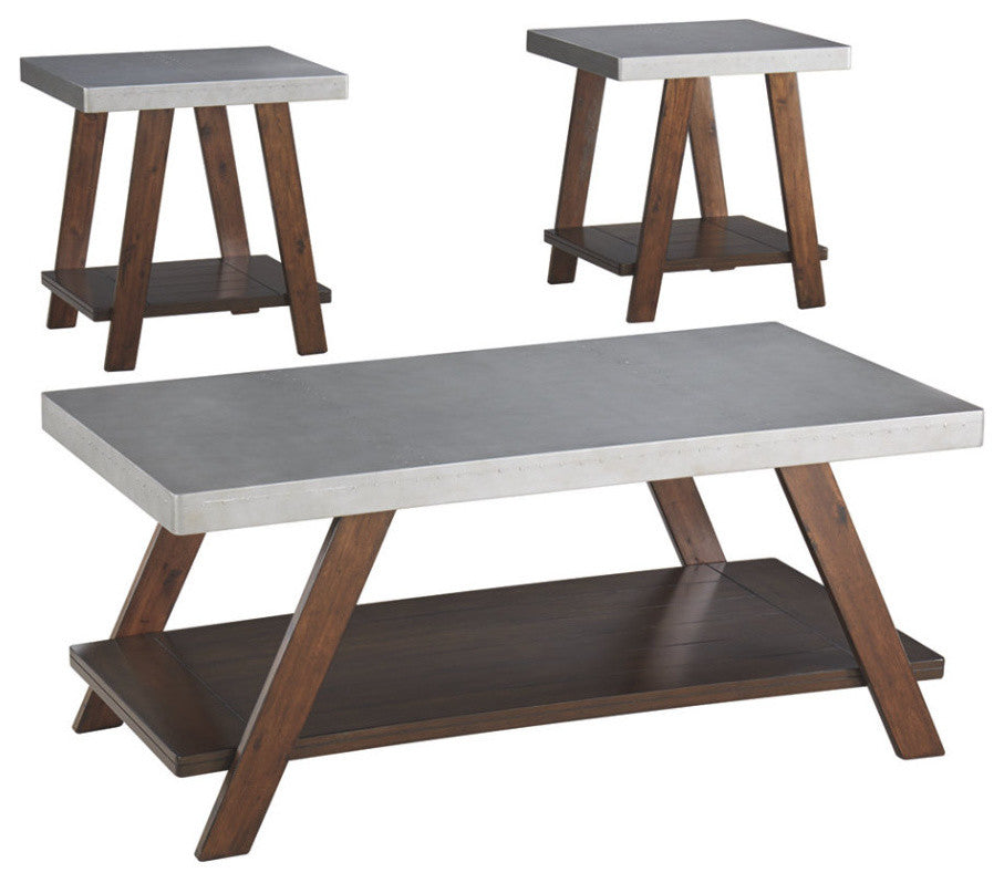 Faux Tin & Wooden Table Set with Plank Style Lower Shelf, Set of 3, Brown