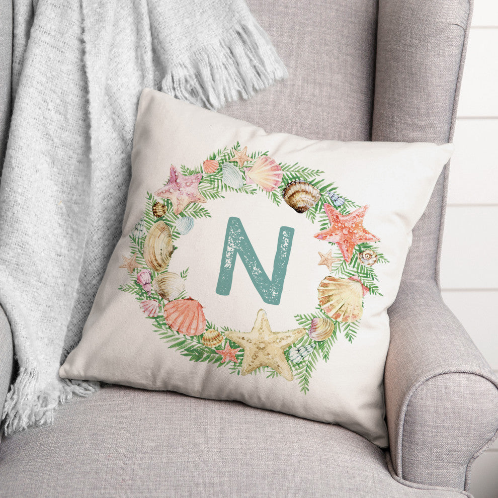 Coastal Christmas Monogram N 18x18 Spun Poly Pillow