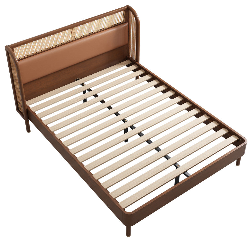 Black/Walnut Queen Wood Frame Platform Bed, Wingback Headboard, Walnut