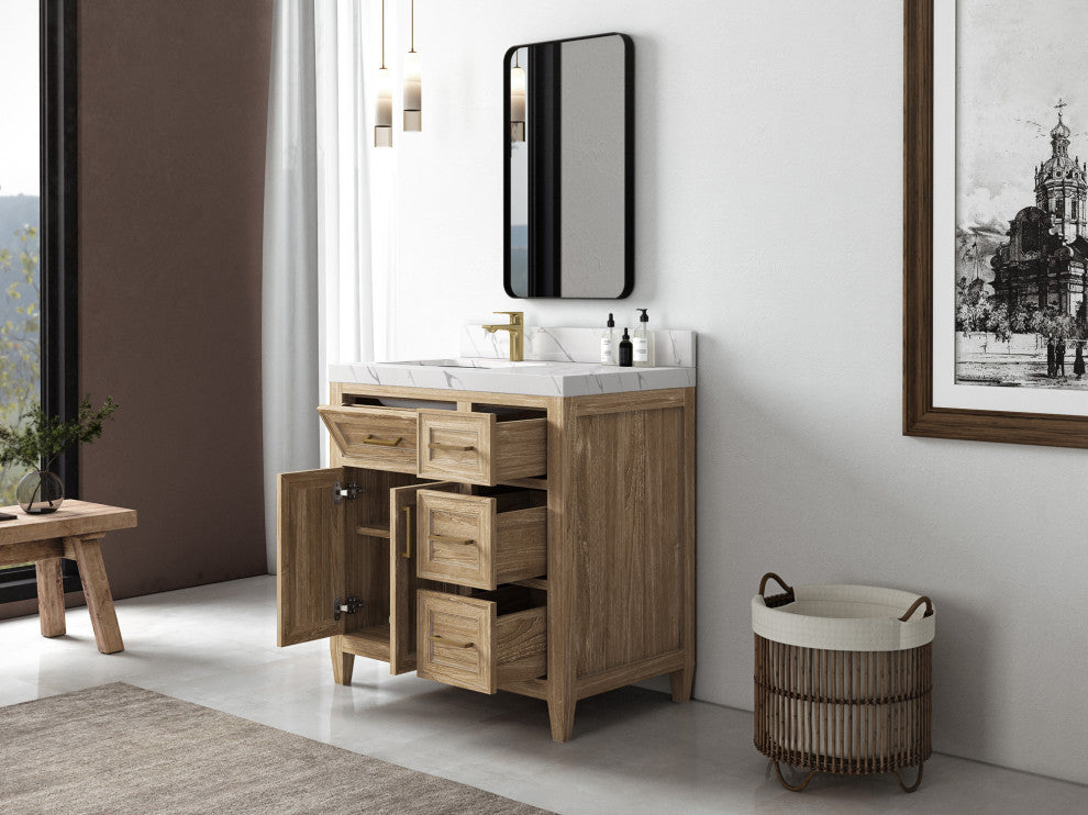 Santa Monica 36 Left Offset  Bath Vanity in Whitewashed Teak 2" Calacatta Laza