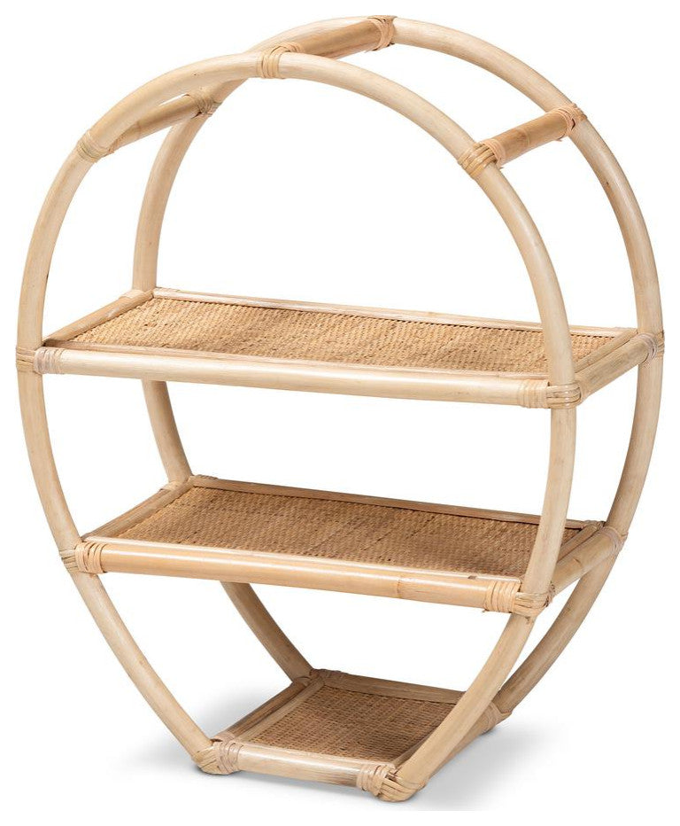 Ruana Modern Bohemian Natural Brown Finished Rattan 3-Tier Display Shelf