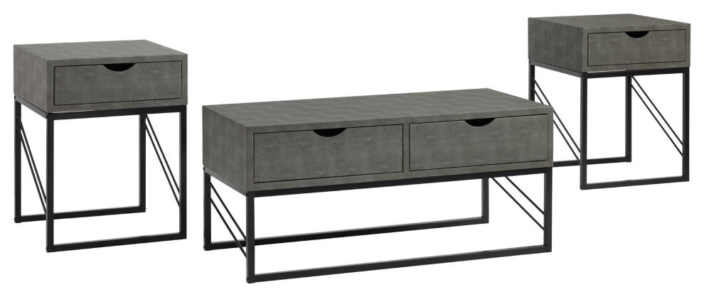 3 Piece Faux Shagreen Coffee Table and Side Tables - Grey