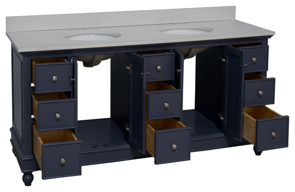 Bella 72" Double Bath Vanity, Base: Marine Gray, Top: Quartz