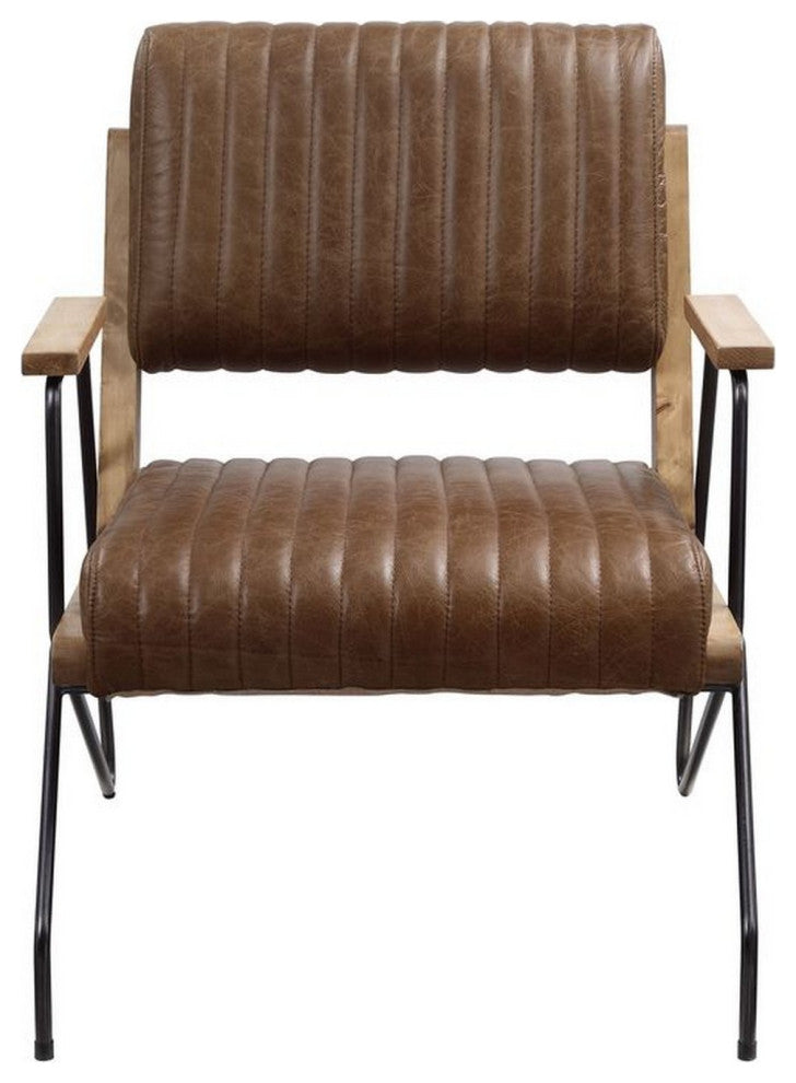 Benzara BM250697 Accent Chair With Leatherette Seat and Channel Stitch, Brown