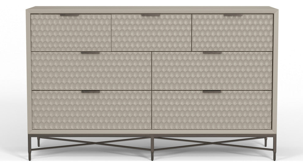 Benzara BM284281 7 Drawer Dresser, Honeycomb Pattern, Mahogany Wood, Taupe Gray