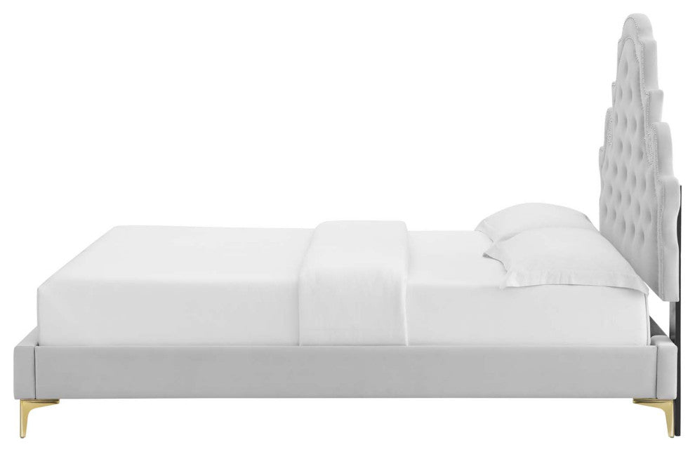 Tufted Platform Bed Frame, Queen Size, Velvet, Gray, Modern Contemporary