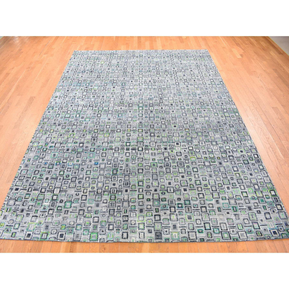 Gray, Silk With Wool, Psefas Square Design Hand Knotted Rug, 9'0"x12'3"