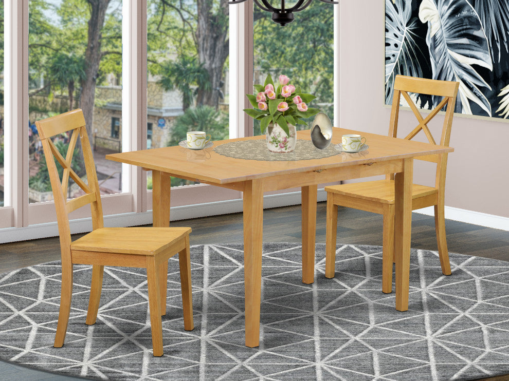 3-Piece Table Set Table And 2 Wood Seat Dining Chairs, Oak Finish