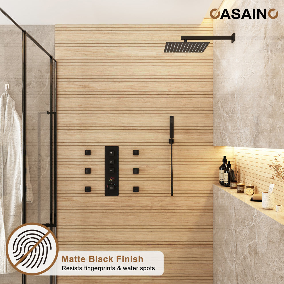 3 Function Digital Display Single Handle Shower System set with Body Spray, Matte Black