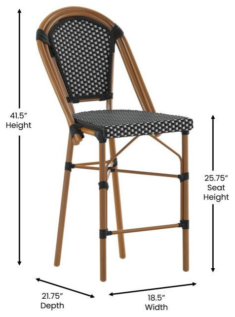 Set of 2 Stackable Indoor/Outdoor French Bistro 26" High Bar Stools, Black & White/Natural Frame