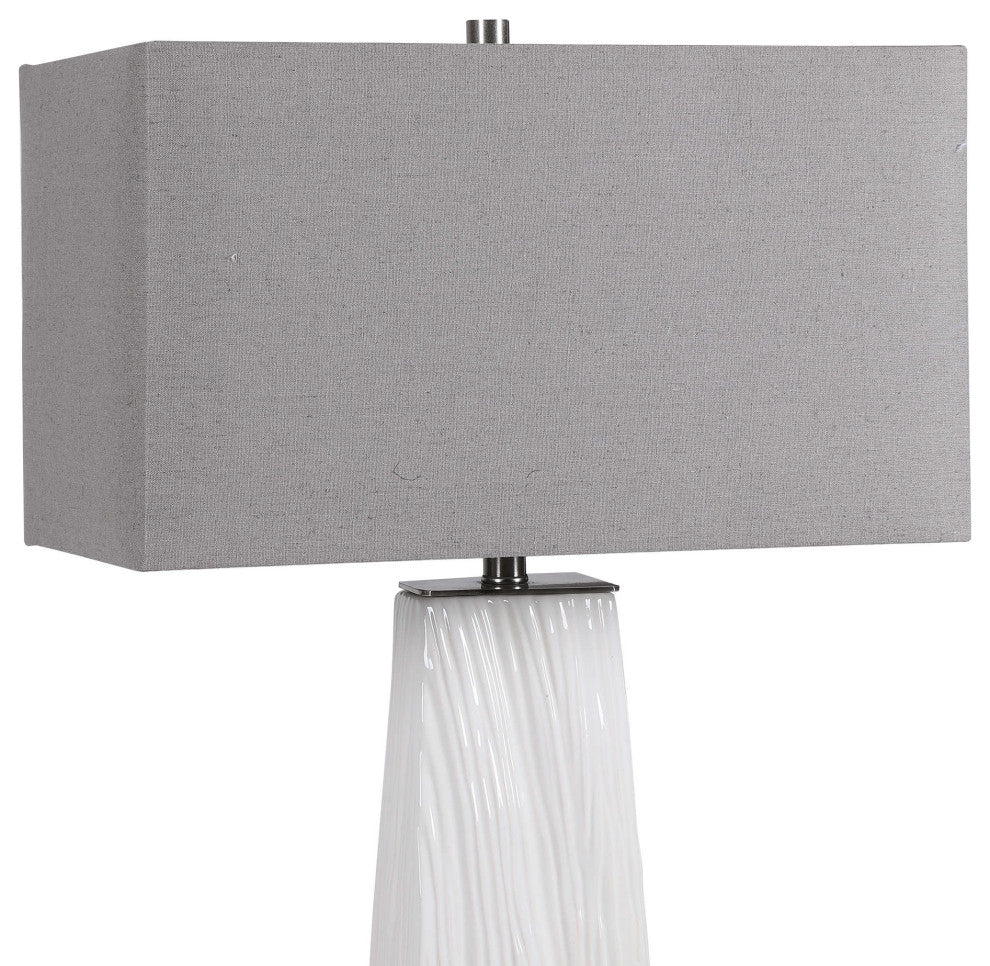 Luxe Modern Woodland Style Carved Ceramic Table Lamp Gloss White Organic Gray