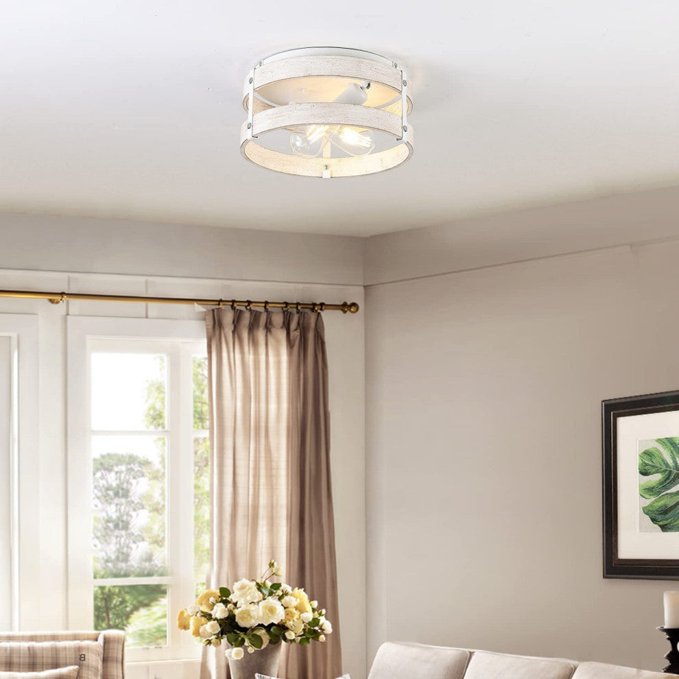 White Flush Mount Ceiling Light Fixture 2 Light Wood Drum Ceiling Lamp