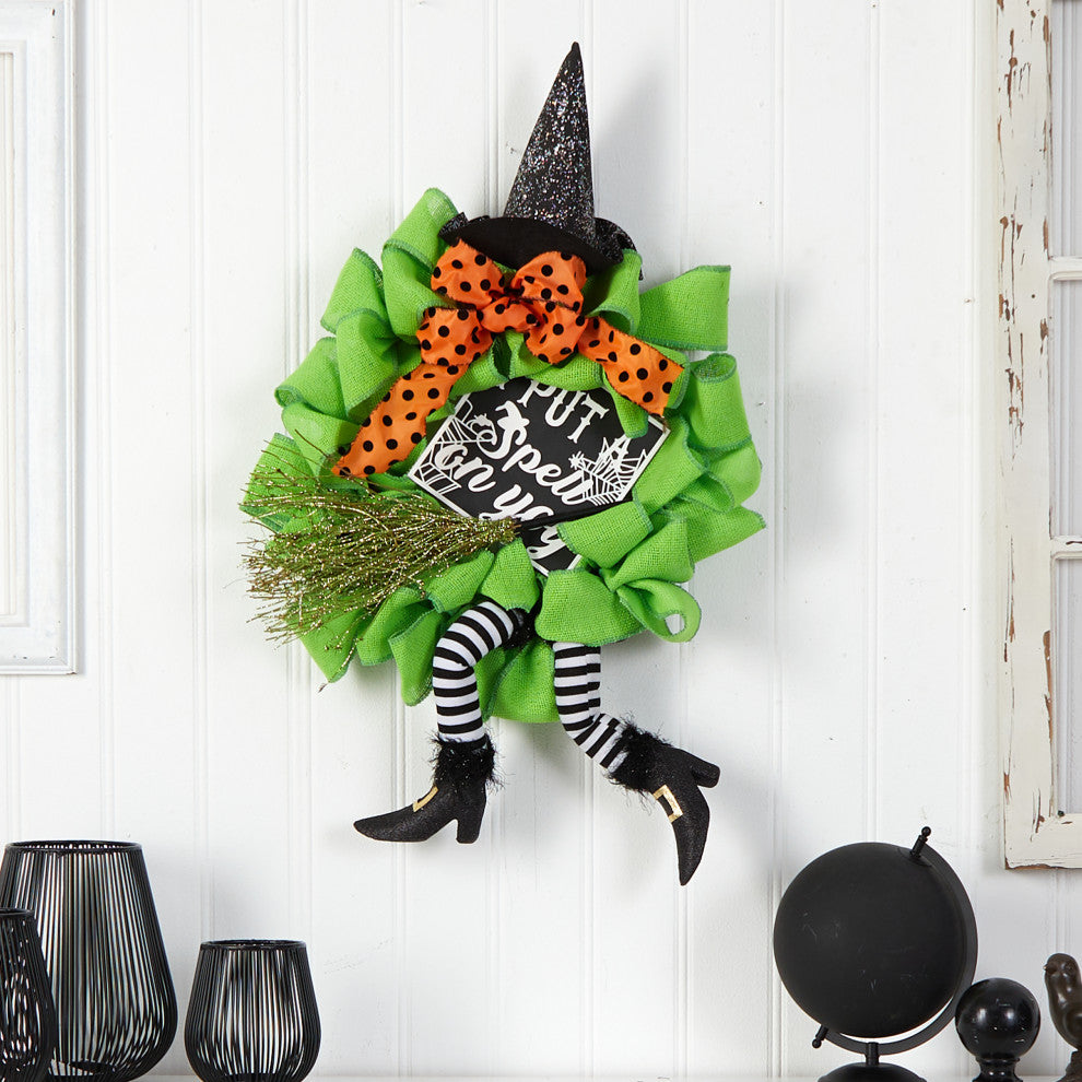 Nearly Natural W1210 26" Halloween Witch Broom and Hat Mesh Wreath