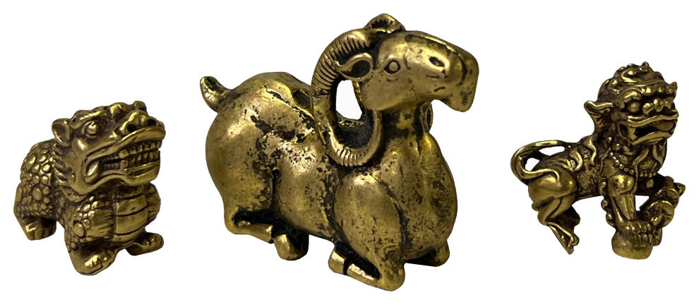 Set of 3, Chinese Copper Color Metal Ram Dragon Lion Fengshui Figures Hws2417
