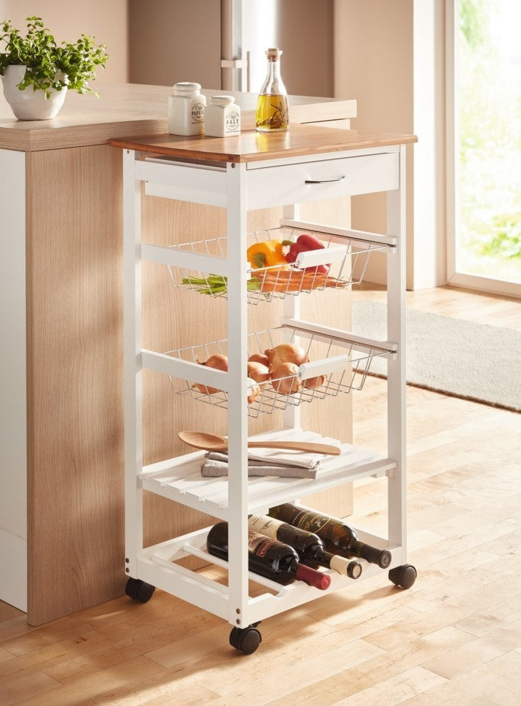 2 Tone Kitchen Rolling Cart w/Utensil Drawer, 2 Baskets, 2 Shelves, Wine Rack