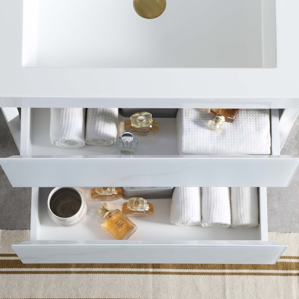 LED Lighted Bathroom Vanity With Ceramic Sink and Dimmed Light, Calacatta White, 24"