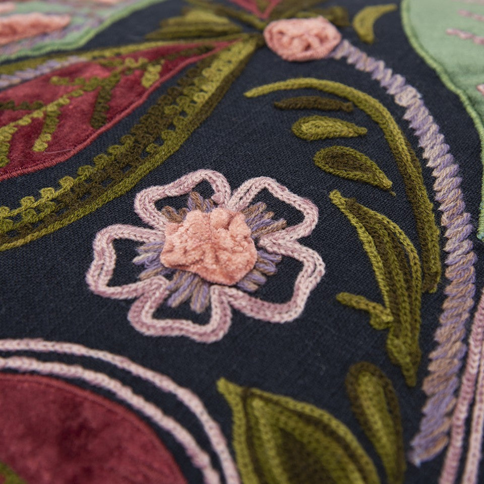 Black Red Jacobean Floral Appliqued Throw Pillow