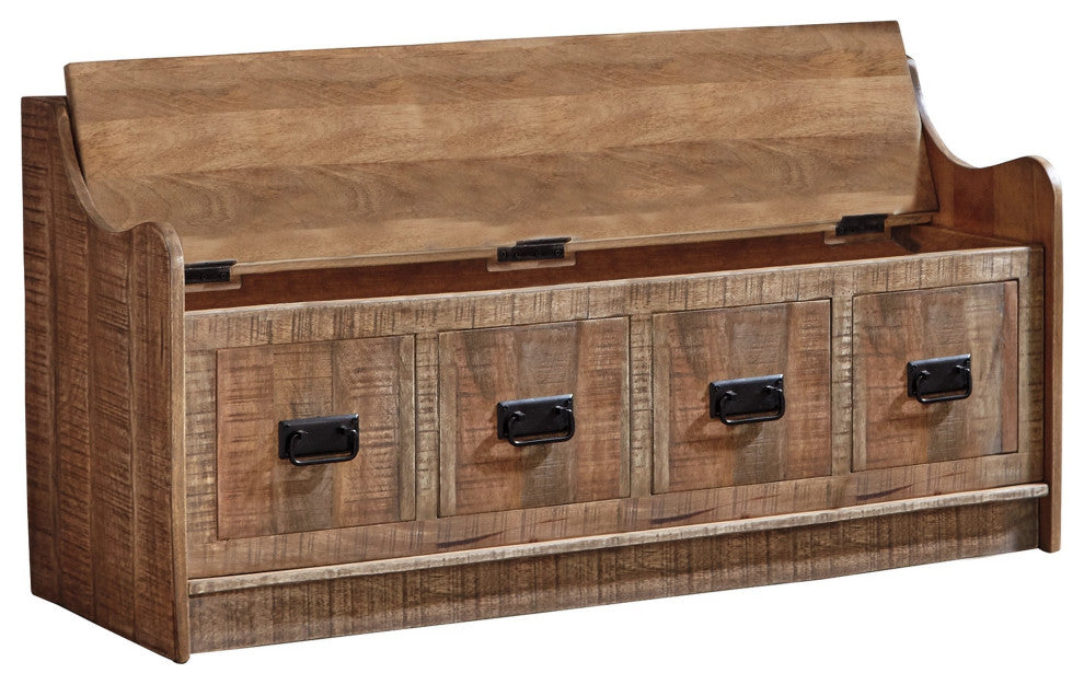 Benzara BM238376 48 Inches Lift Top Storage Bench With Fake Drawer Design, Brown