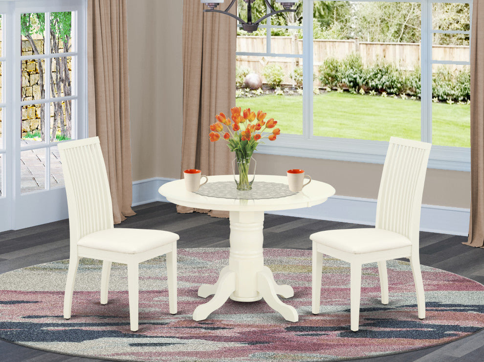3Pc Dinette Set Includes Round Dining Room Table, Two Seat Dining Chairs, White