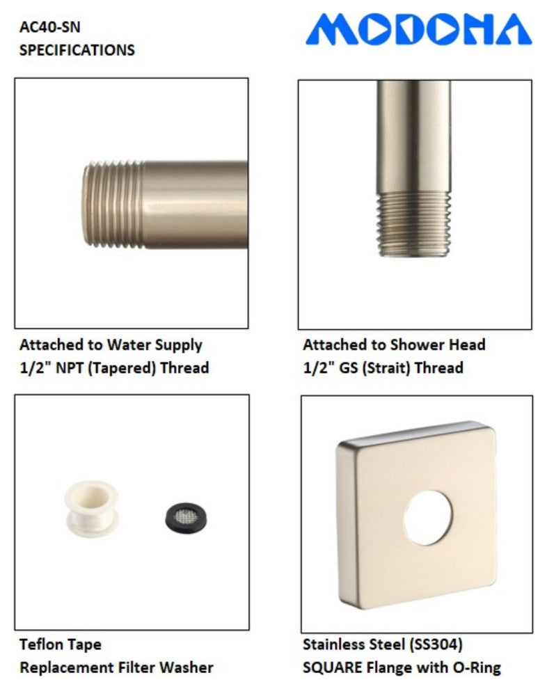 MODONA's Goosneck SQUARE Rain Shower Arm, Satin Nickel