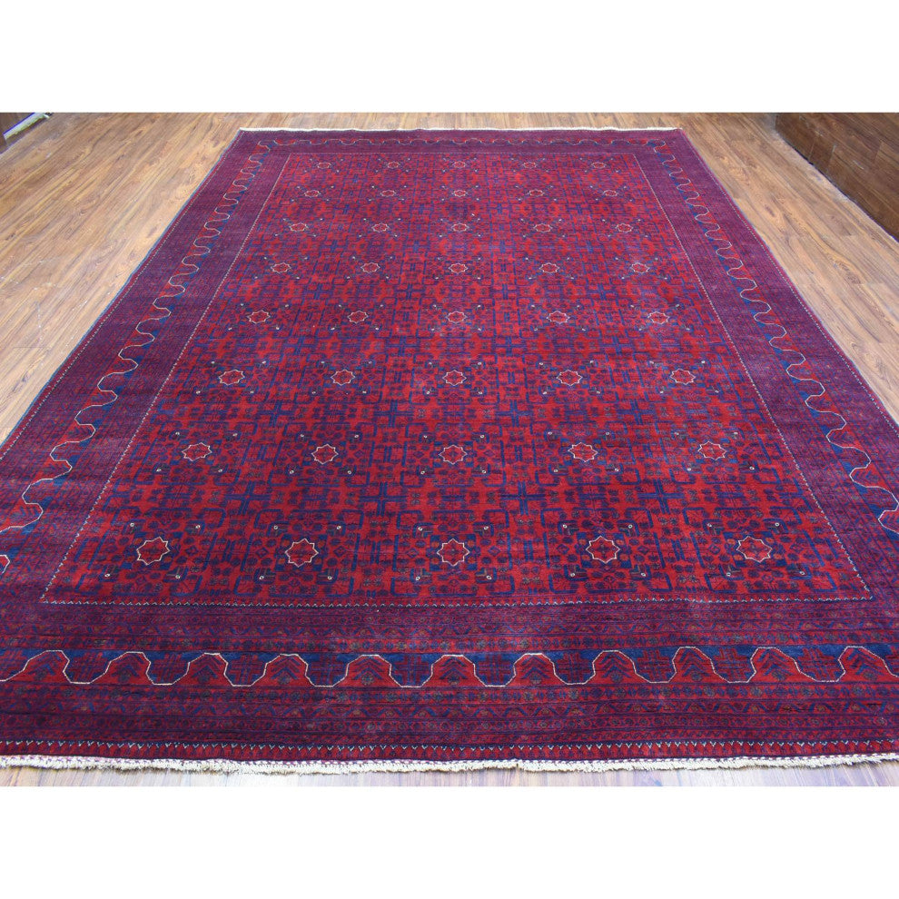 Red Hand Knotted Tribal Design Soft Wool Afghan Khamyab Oriental Rug, 9'8"x13'1"
