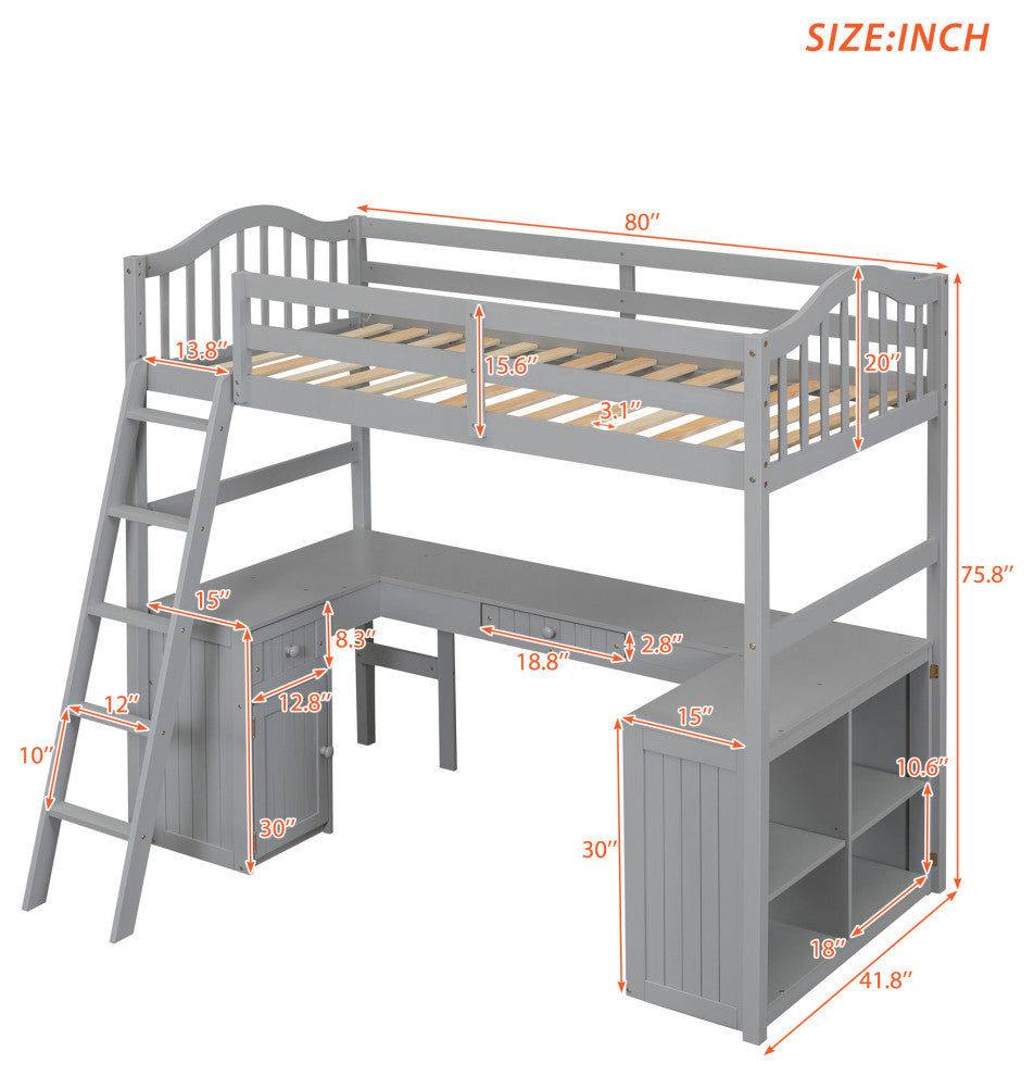 Gewnee Wood Twin Loft Bed with Drawers, Shelves and Desk in Gray