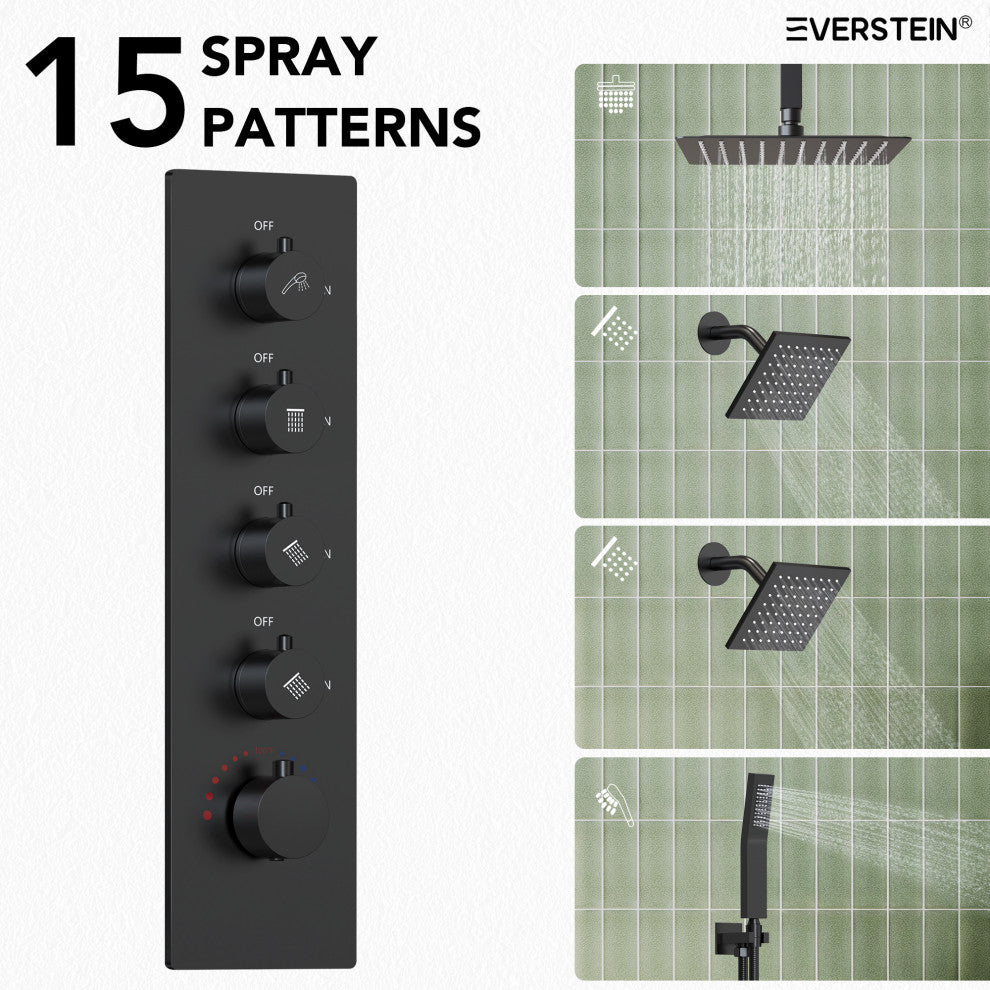 Triple Shower System 16" Rainfall Dual Shower Head with Thermostatic Valve, Matte Black