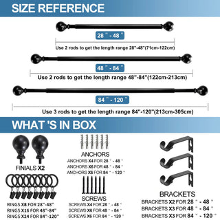 Ball Adjustable Single Curtain Rod Set With Rings, 5/8", Black, 28"-48"