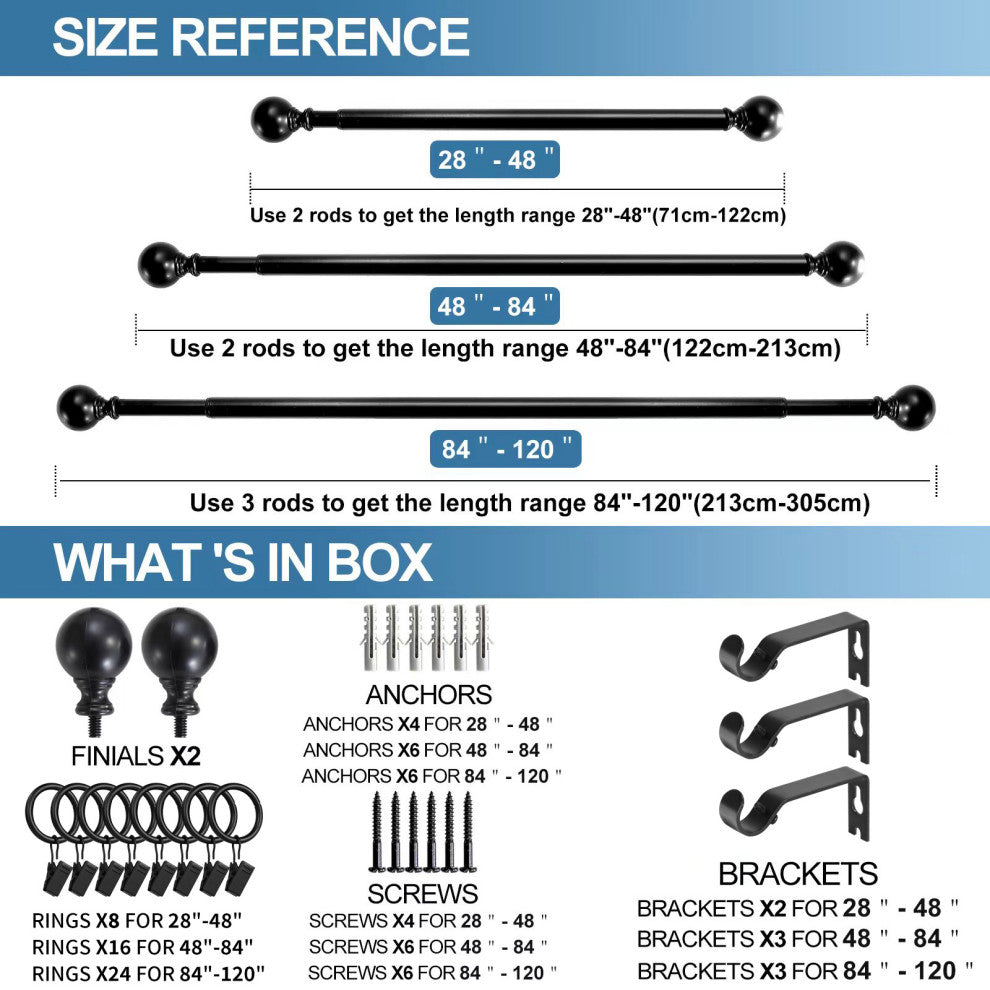 Ball Adjustable Single Curtain Rod Set With Rings, 5/8", Black, 28"-48"