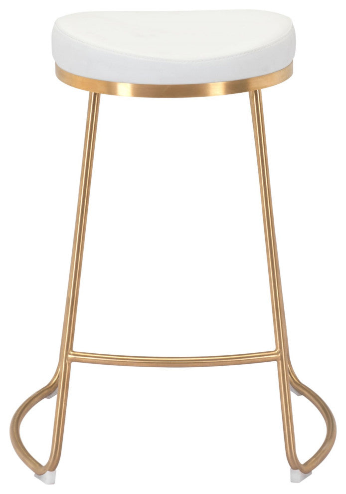 Counter Stool Chair, Set of 2, Faux Vinyl Leather, Steel, White, Gold, Cafe
