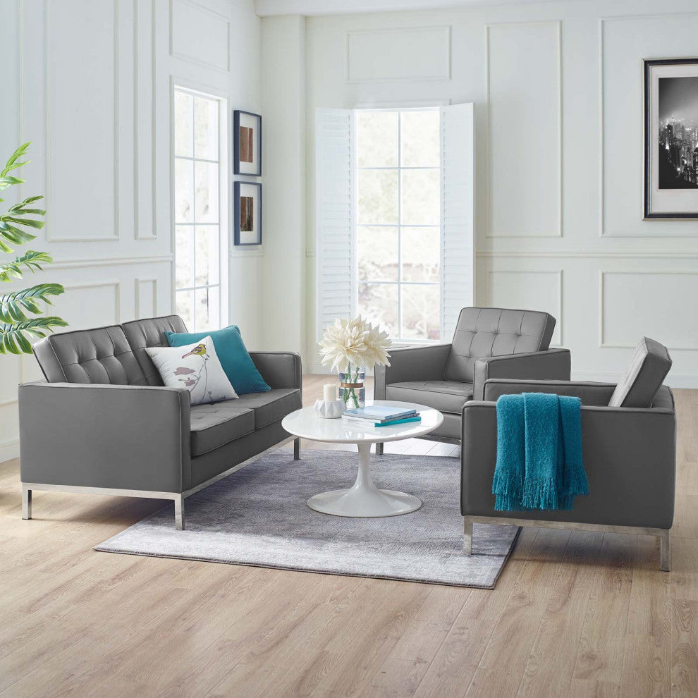 Tufted Armchair and Loveseat Sofa Set, Faux Leather, Silver Gray, Modern