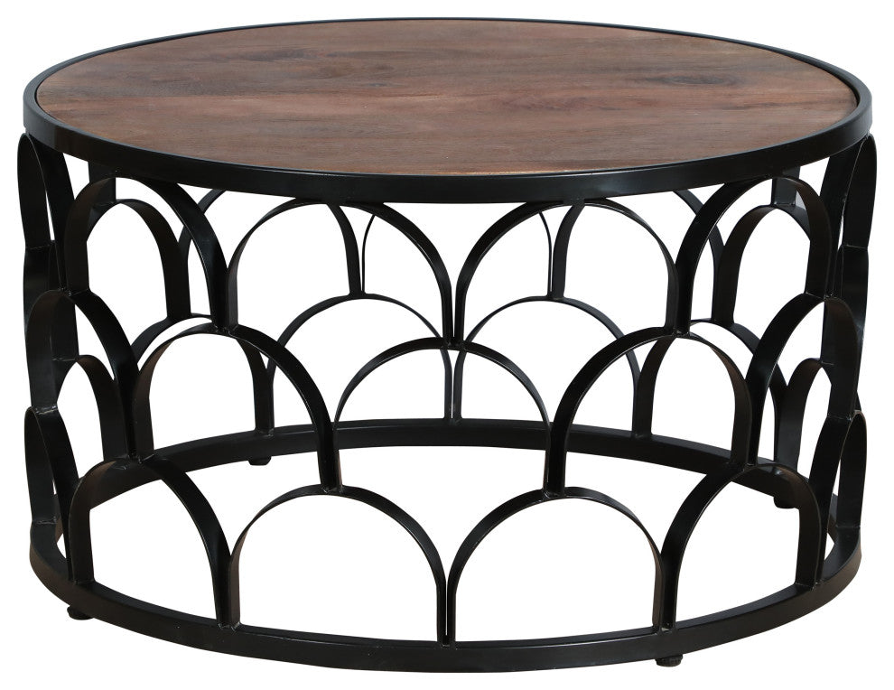 32" Round Coffee Table, Mango Wood Top, Lattice Cut Out Metal Frame, Brown/Black