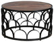 32" Round Coffee Table, Mango Wood Top, Lattice Cut Out Metal Frame, Brown/Black