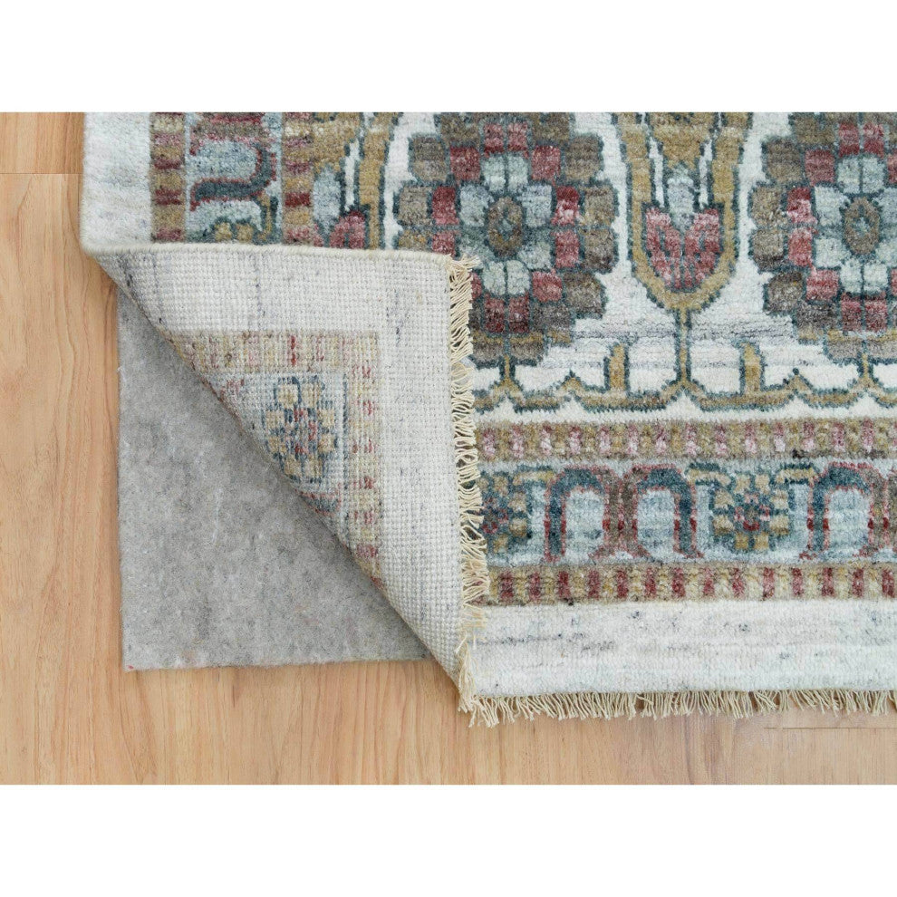 Smoky White Hand Knotted Unique Flower Rosettes Border Square Rug 13'11"x13'11"
