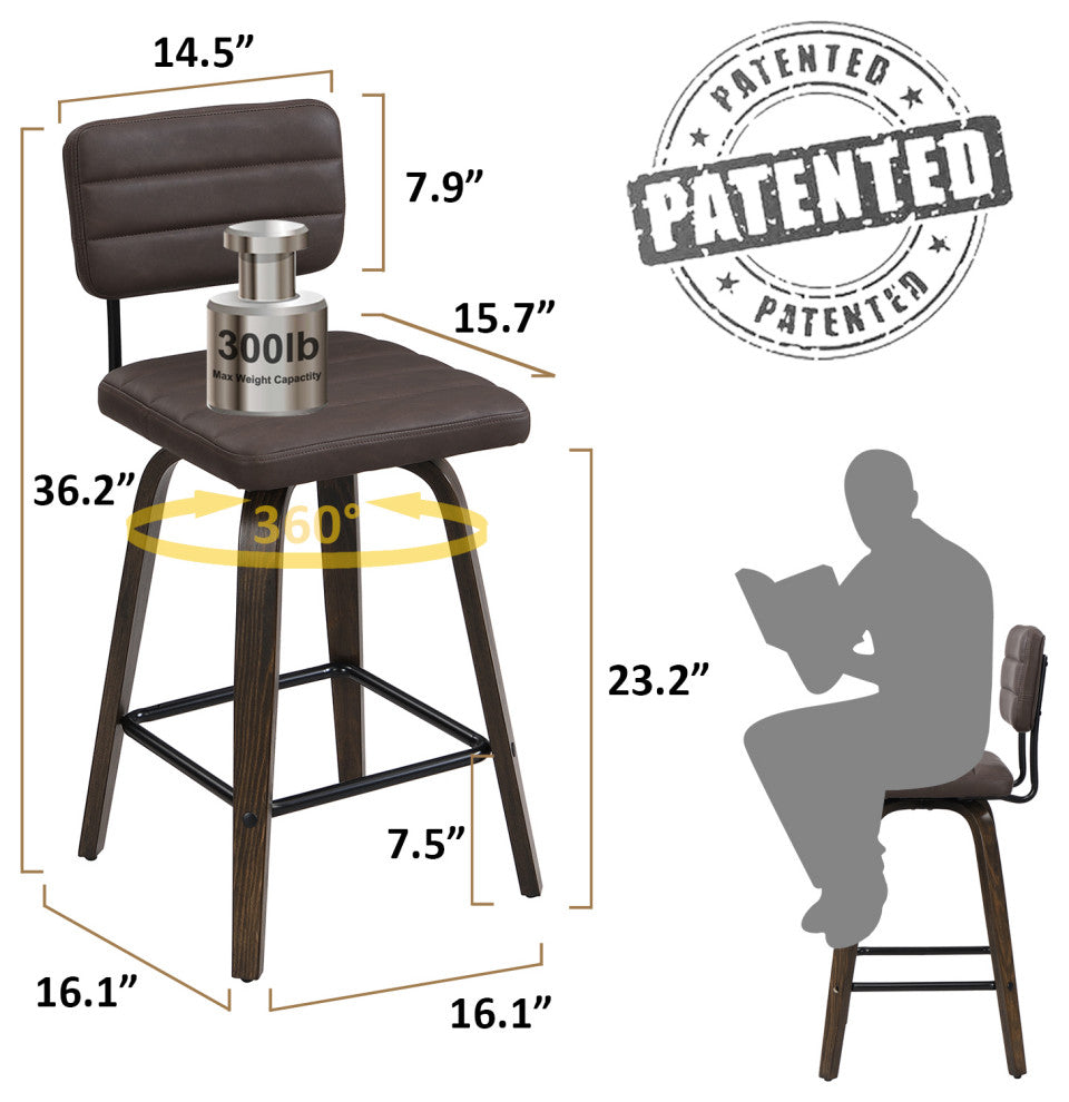 Swivel Bar Stool Leather Bar Stool, Wood Legs, Counter Height, Pu, Set of 2, Brown, 26"